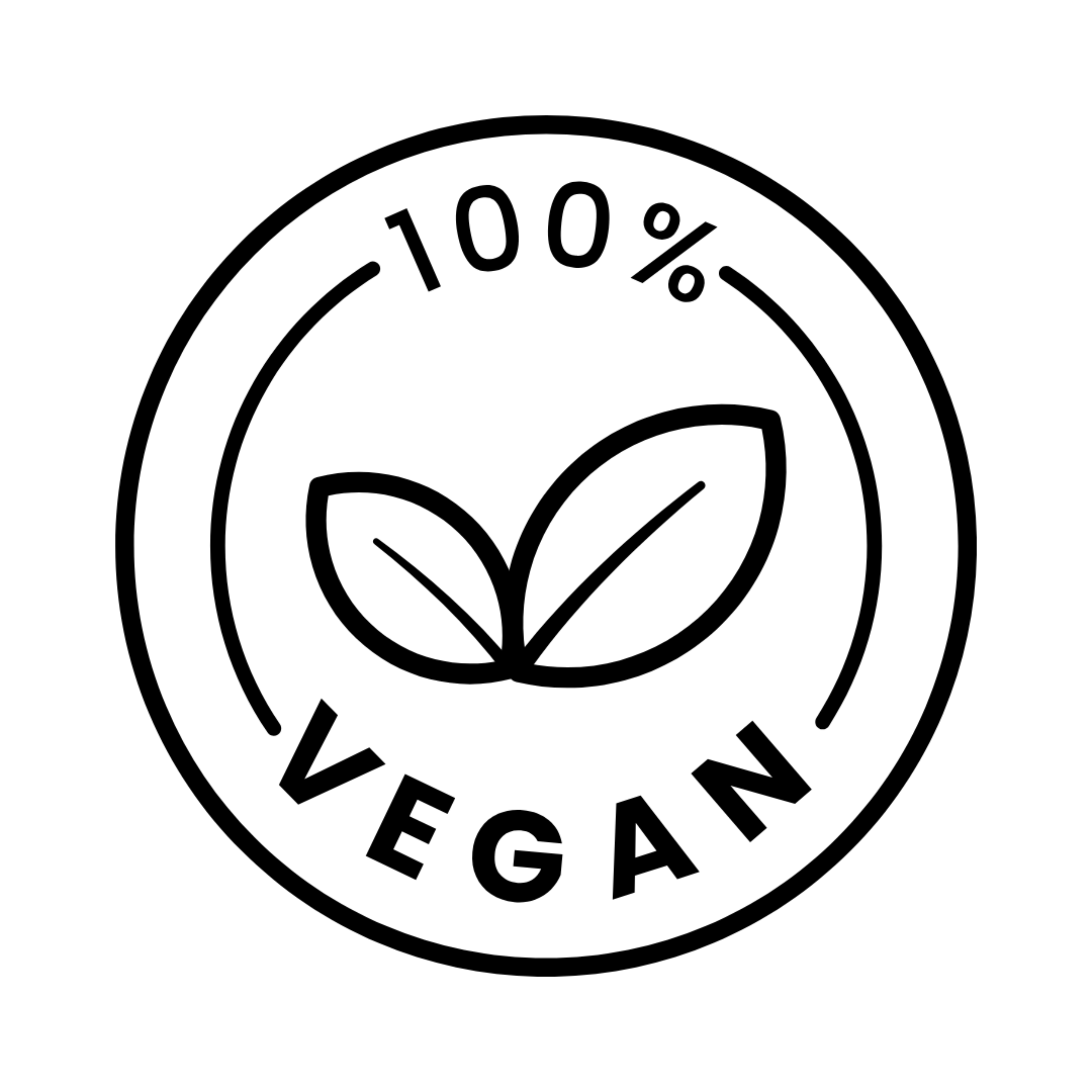 100% Vegan logo with two leaves inside a circle on a white background